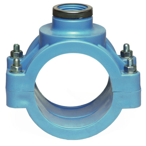 PP Klemmverbinder Typ UNIDELTA f&uuml;r PE Rohre, Anbohrschelle blaue Ausf&uuml;hrung, mit Verst&auml;rkungsring